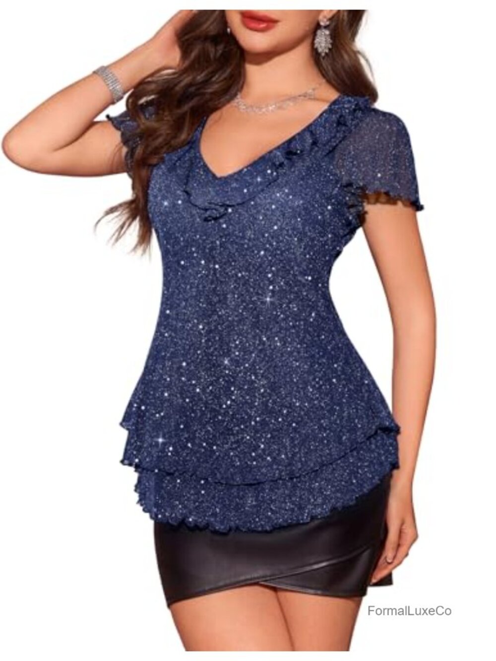 Sequin Ruffle Short Sleeve V-Neck Party Top Dressy Evening Blouse